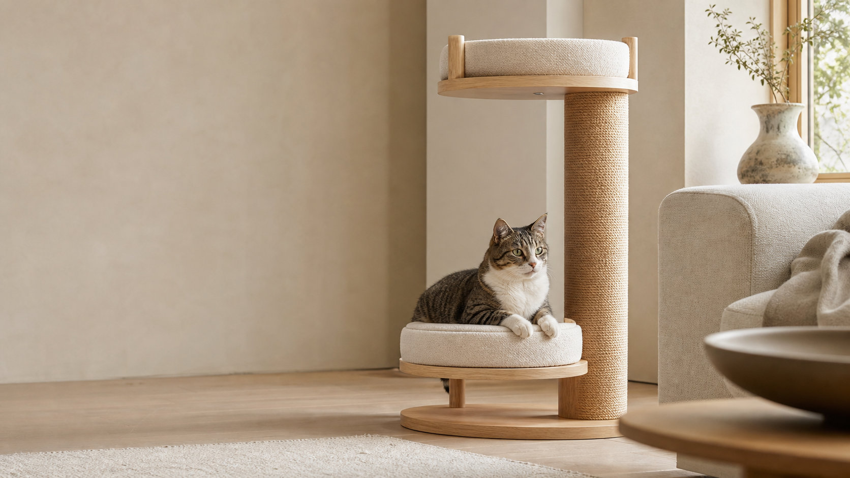 A cat at rest beside a light oak cat tree in a quiet living room